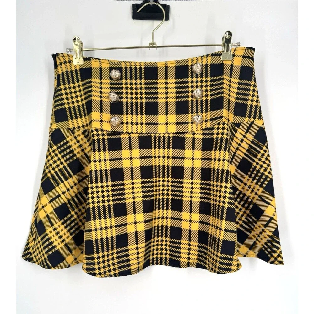 Plaid Yellow and Black Mini Skirt Sz M Satin A-Line High Waisted Preppy Clueless